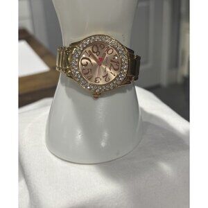 Betsey Johnson Rose Gold Tone Crystal Bezel Gold Dial Bling Watch